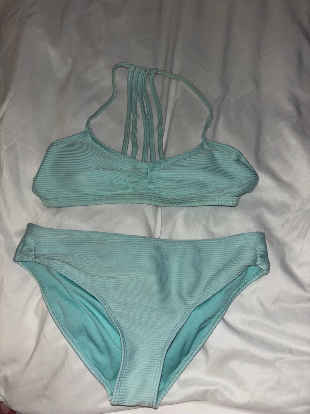 Full Tilt Light Aqua Strappy Back Ribbed Bikini